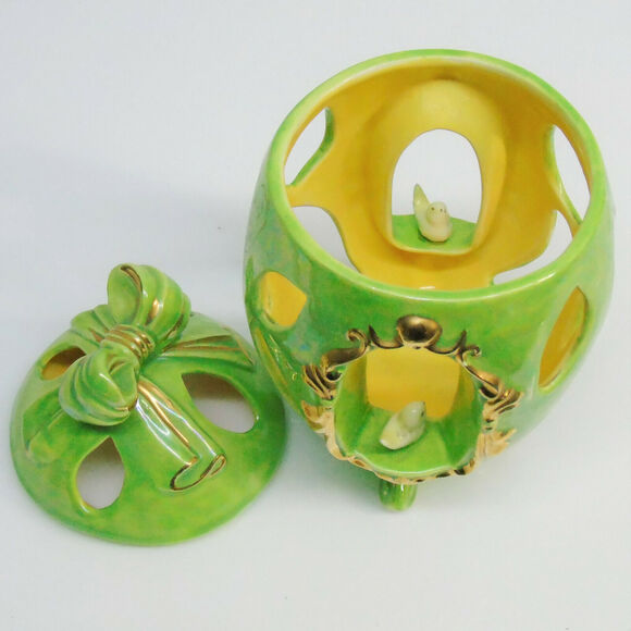 Arnel Easter Egg Canister & Lid Footed Green Gold Bow Bird Candle Holder Figure - Picture 5 of 8